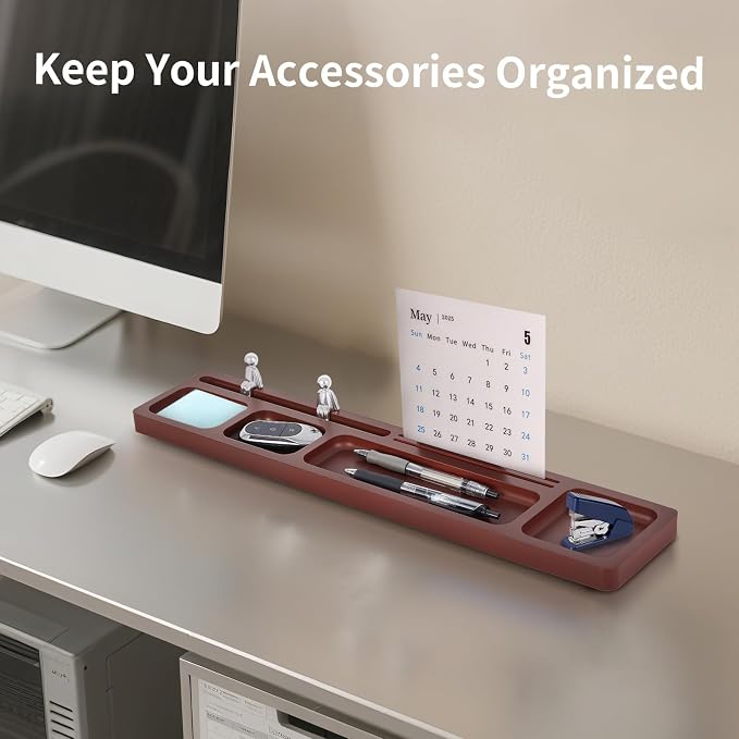 Valet Tray for Men – EDC Desk Organizer with Phone & Tablet Stand, Wooden Catchall for Watch Wallet Keys, Multi-Functional Office Desktop Storage, Gift for Husband Dad Groomsman