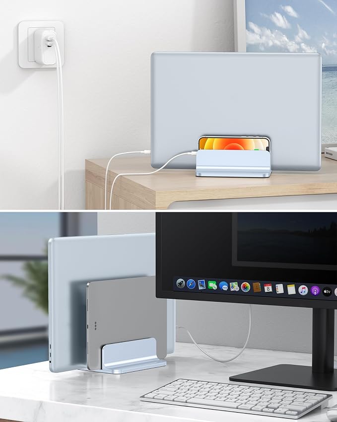 OMOTON Dual Vertical Desk Laptop Stand Holder, Fits MacBook Air, Sky Blue | Aluminum Laptop Storage Rack for Desk, Adjustable Dock for Up to 17.3 in. Gaming Laptop, Space-Saving Desk Organizer