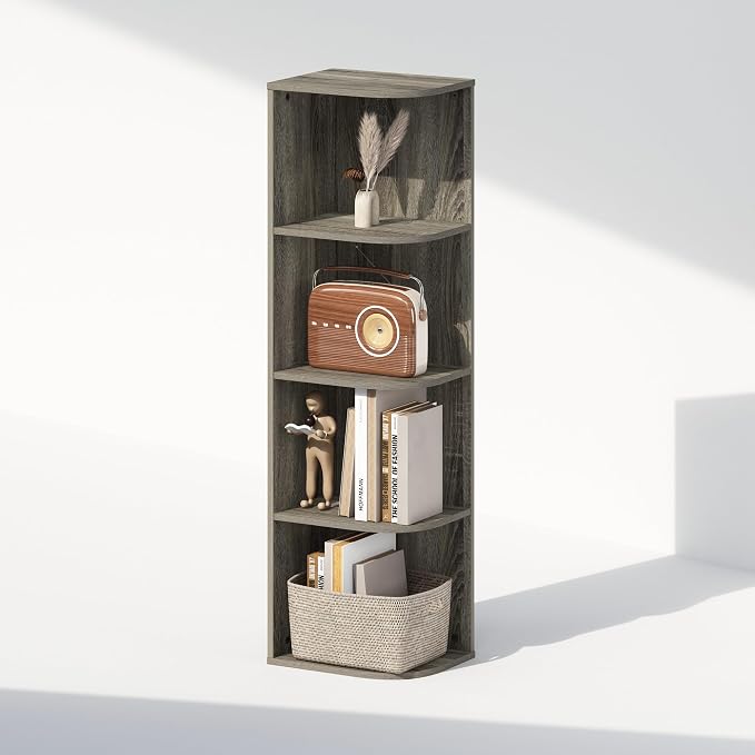 Furinno Reed Corner Shelf, 4-Tier Corner Bookshelf, Book Shelf, Corner Shelves, Storage Rack, for Organization and Storage, Home Office, Living Room, French Oak