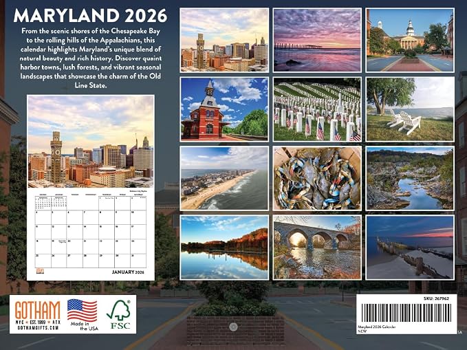 Maryland Calendar 2026 Wall 12 Month Monthly MD Scenic Souvenirs Themed Gifts | American Made In The USA