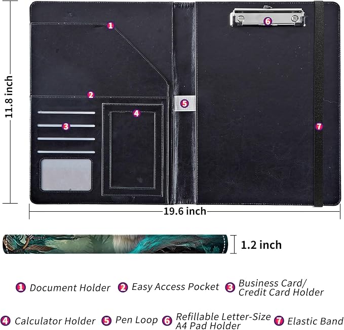 Padfolio/Portfolio Folder Clipboard,Padfolio Clipboard,Writing Portfolio Leather with Cover for Card Holder Slot Letter Size A4 for Office Conference Notepad Clip Boards,Lovely Wolf