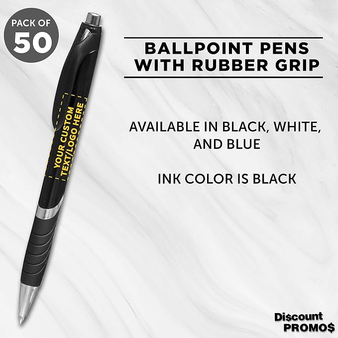 DISCOUNT PROMOS Ballpoint Pens With Rubber Grip - 50 pack - Customizable Text, Logo - Black Ink Ball Point Pen with Soft Touch Plastic - Black