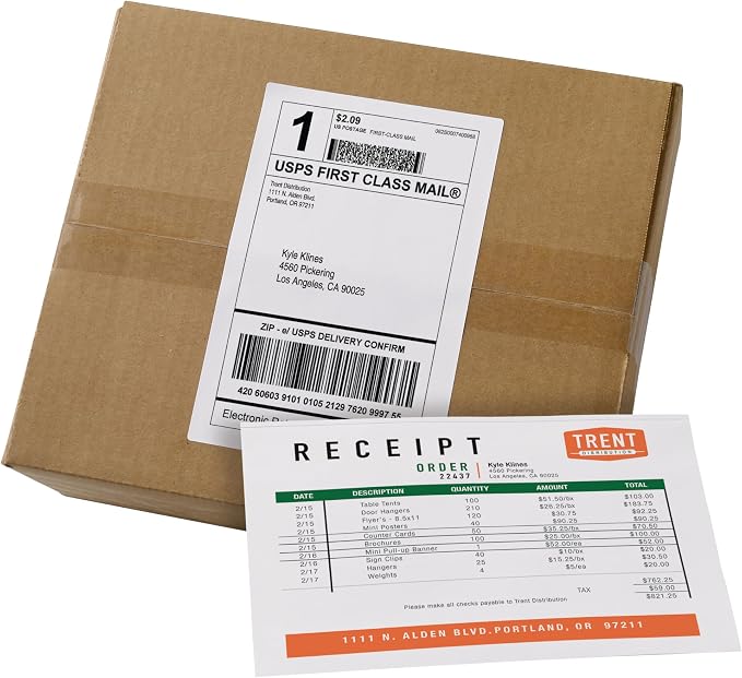 Avery Printable Shipping Labels with Paper Receipts, 5-1/16" x 7-5/8", White, 100 Blank Mailing Labels (27900)