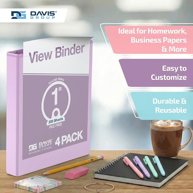 Pack of 4 Premium View Binders, Ring Binders with Clear-View Cover and Interior Pockets, Pastel Color Options, 1 Inch, Assorted