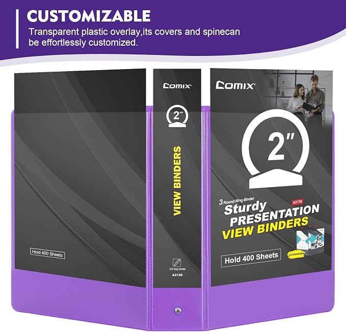 COMIX Sturdy 2 Inch 3 Ring Binder with Clear View Cover | 2"Heavy Duty Round Ring,PVC-Free Board,Holds 450 Letter Sheets,Wholesale for Offices & Classrooms,6 Pack (Purple)