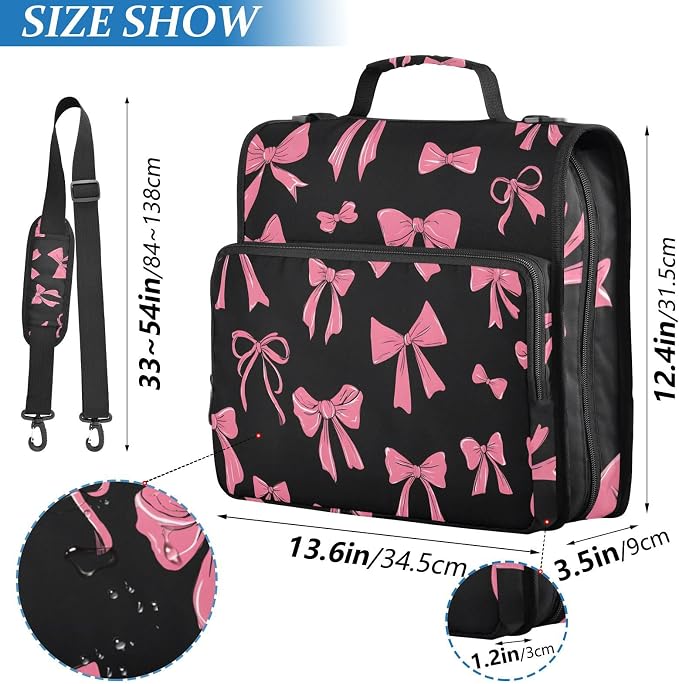 3 Ring Zipper Binder with Shoulder Strap Pink Bow Black I 2 Inch Zippered Binder Bag 500 Sheet Capacity Multi Pockets for School Supplies