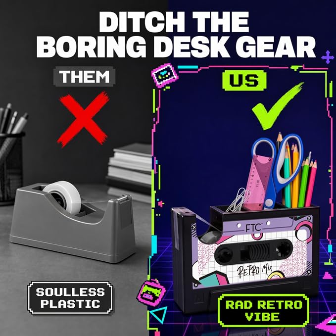 FTC Cassette Tape Dispenser, Retro Desk Organizer & Pen Holder – Fun Novelty Office Supplies for Home or Office 6.7” x 2” x 4.5” (Retro Mix Tape)