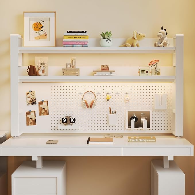 Desktop Hutch Bookshelf, 2-Tier Metal Desk Shelf for Top of Desk | Heavy Duty Countertop Organizer Rack with Peg Board & Accessories Space-Saving Storage for Dorm, Office & Home