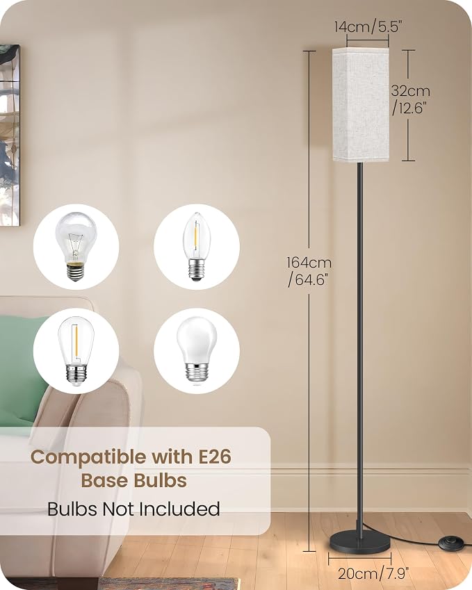 64.6" Floor Lamp, Pole with Foot Switch, Modern Standing Lamp Lampshade, Minimalist Freestanding Lamp (Bulb Not Included), for Living Room, Bedroom Office ETL Listed, Black and Beige E07LD05