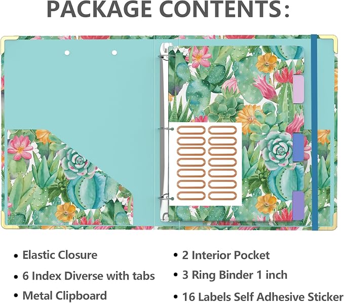 3 Ring Binder 1 Inch, Cute Round Ring Binders with 6 Tab Dividers, Labels Stickers, Low Profile Clipboard with Storage, Fashion Binder School Office Supplies(Cactus Flowers)