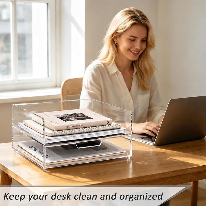 2-Tier Paper Tray Organizer with Drawer - Stackable Acrylic Desk Organizer | clear document sorter, vertical file holders, letter storage, workspace accessories, home, office, school, teachers, students