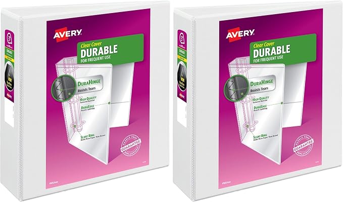 Avery Durable Clear View 3 Ring Binders, 3 Inch EZD Rings, 1 White Binder (09701) (Pack of 2)