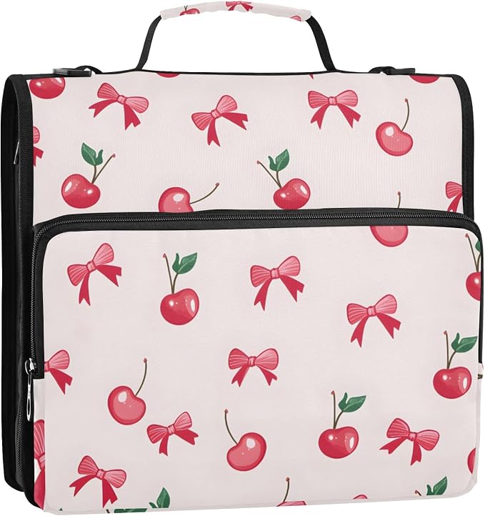 Cherry Bow Pattern 3 Ring Zipper Binder Bag Binder Organizer with Handle Shoulder Strap for School Work Office Supplies