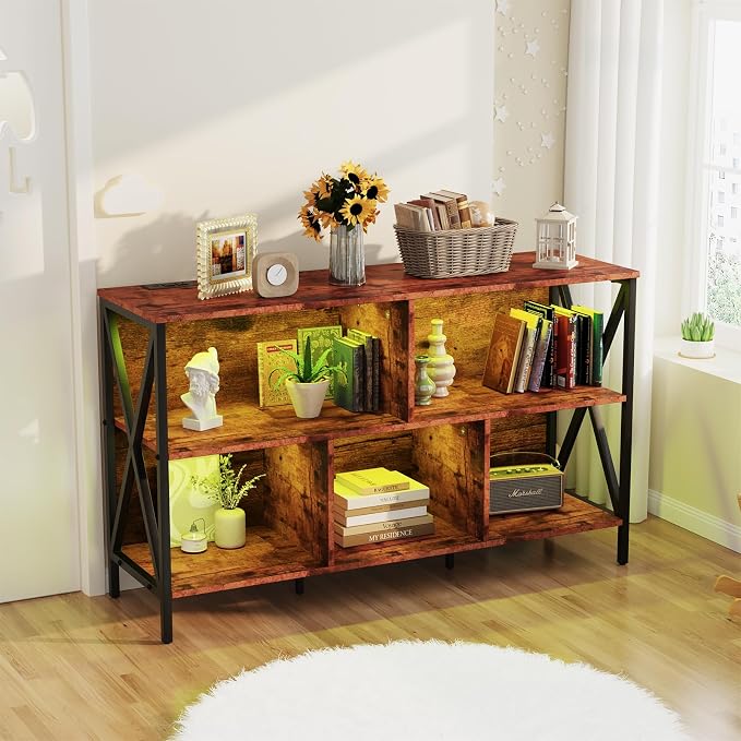 Adompacat 47" 5 Cube LED Bookshelf, Industrial Horizontal Storage Organizer, Wood Metal Low Wide Cubby Bookcase with LED Lights, Open Shelf for Living Room Bedroom Game Room(47 in, Brown)