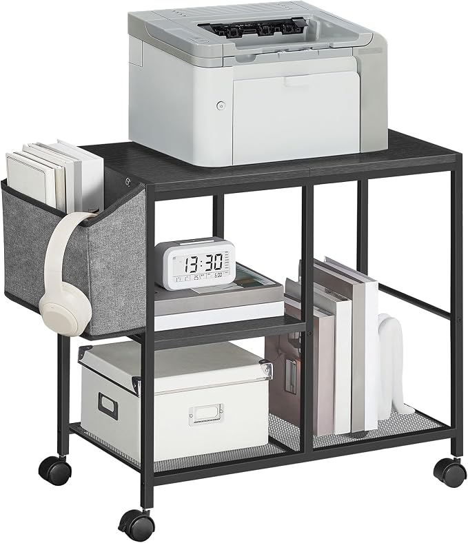 MAHANCRIS Printer Stand with Storage Bag, 3-Tier Mobile Under Desk Printer Cart with Wheels, Wooden Rolling Printer Table, Organizer Shelf for Study, Office, Living Room, Black PTHB2201