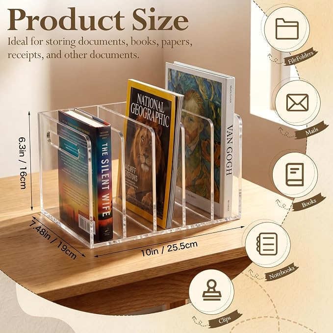 Didaey 2 Pcs Acrylic Magazine File Holder, 5 Vertical Compartments Desk Sorter Organizer Magazines Documents Books Accessories Clear Folder Rack Binder for Office Home (B5,5 Sections,Clear)