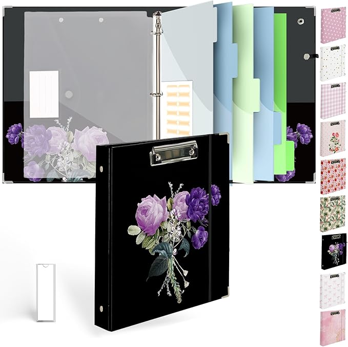 3 Ring Binder 1 inch with Clipboard - Purple Roses Bouquet Design, Includes Dividers, File Bag & Spine Label - Bold and Sophisticated for Office or School, Holographic Waterproof Film