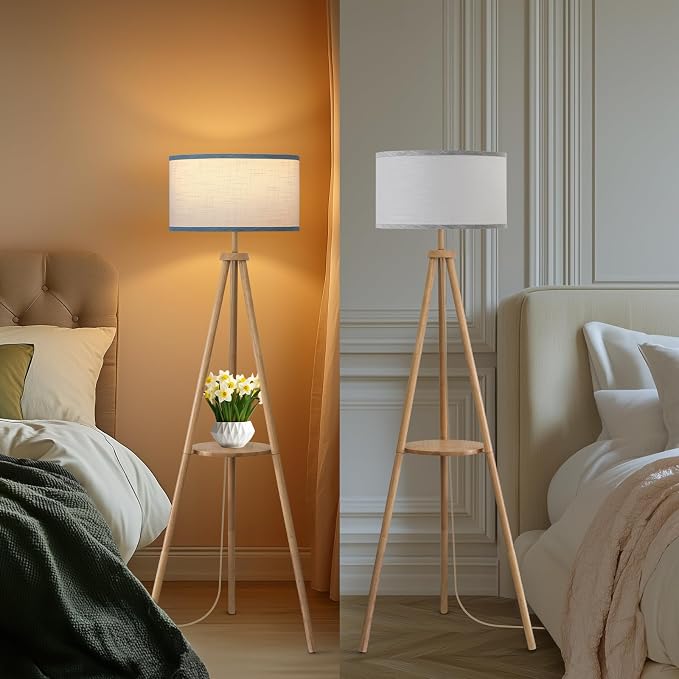 EOEYYOYB Floor Lamp with 3 Light Modes Adjustable– Wood Tripod Floor Lamp Modern LED Standing Lamp with Dimmable Brightness, Perfect for Living Room, Bedroom, and Office, Burlywood