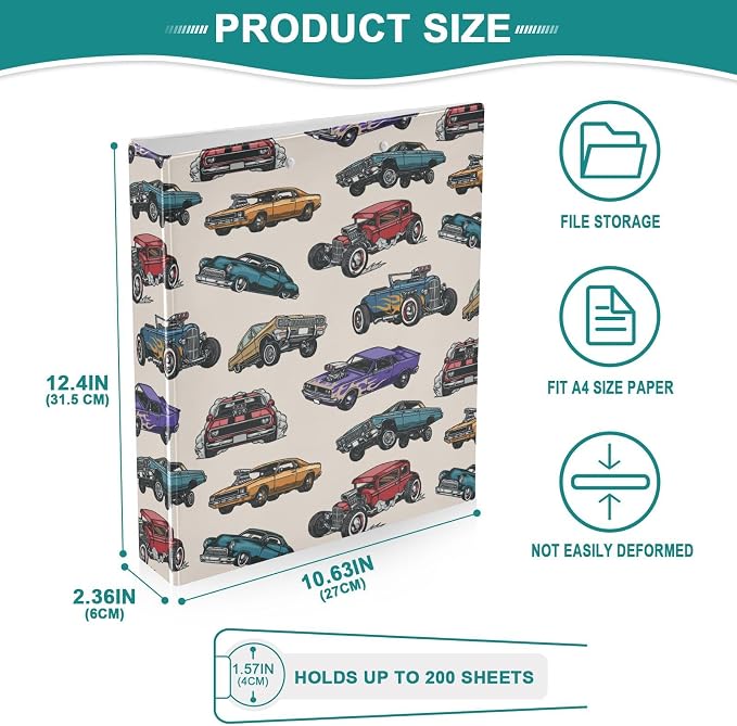 Retro Old Car Pattern Binder 1.5 Inch Binder with Clipboard&Pockets, Vinatge Fire Cars Hardcover Binders 3 Ring, Heavy Duty Large File Folder for Office School Supplies - Holds 200 Sheets