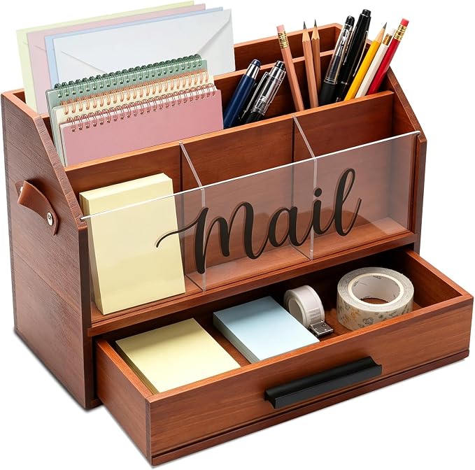 Wood Desk Organizer with Drawer, Bill Mail Organizer Countertop Workspace Organizers for Office Supplies Desk Organization Letter Holder