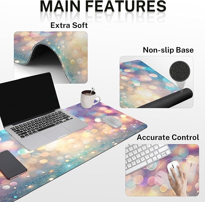 Keyboard Mouse Pad Set, 4 in 1 Desk Mat Set, Pink Blue Glitter | Large Mousepad+Keyboard Wrist Rest+Mouse Wrist Rest+Coaster Ergonomic Design for Home Office Computer