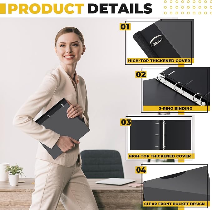 Henoyso 6 Pcs 1 Inch Telescoping 3 Ring Binder with Expandable Telescoping Spine 200 Sheets Capacity with Clear Front Cover 3 Round Rings Flexible Plastic Notebook Binder for School, Office(Black)