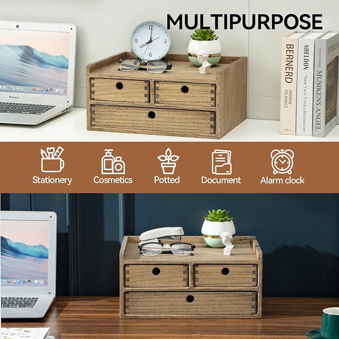 KIRIGEN Wooden Desk Organizer with 3 Drawers and Top Shelf Brown DT2D3C-DBR | 3-Drawer Cabinet with Top Shelf Stores Papers, Office Supplies, Cosmetics, Crafts, and Small Accessories on Desks or Counters