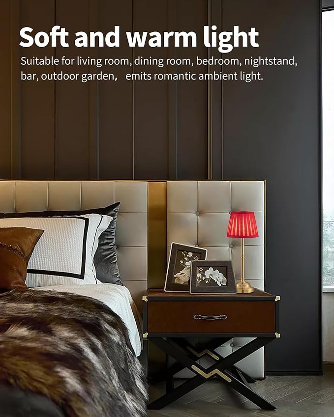 KDG Gold Cordless LED Table Lamps Set of 2, Red Fabric Shade Desk Lamps | Portable 4000mAh Rechargeable Battery Powered, Dimmable Lighting for Dining Room, Bedroom, Bedside, Night Light, Balcony