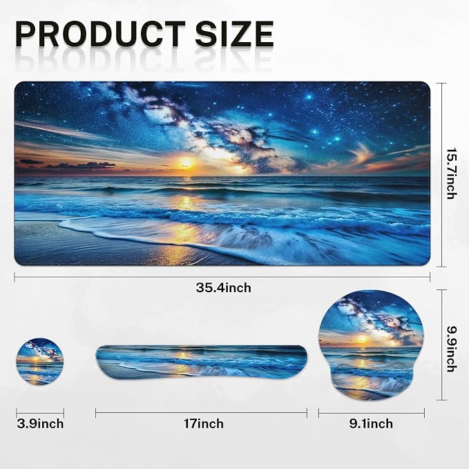 Keyboard Mouse Pad Set, 4 in 1 Desk Mat Set, Blue Ocean | Starry Sky Sea Large Mousepad+Keyboard Wrist Rest+Mouse Wrist Rest+Coaster Ergonomic Design for Home Office Computer