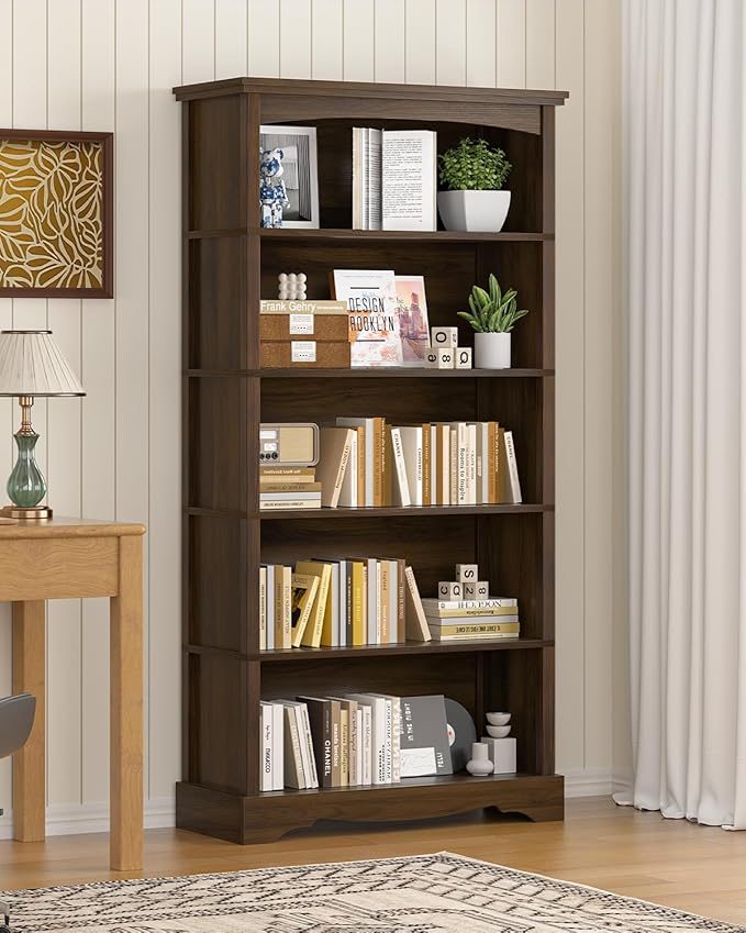 TVU 5-Tier Wooden Bookshelf, 65 Inch Tall Bookshelf with Storage, Floor Standing Modern Style Display Bookcase for Living Room, Office, Study Room, Entryway, Brown