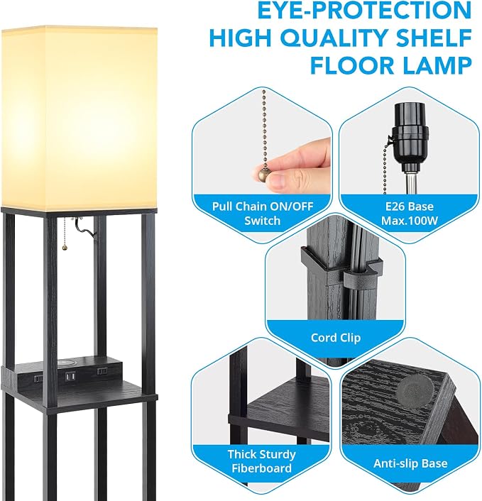 Shelf Floor Lamp with Wireless Charger, USB, Type C, AC Port,Black | Fast Charging USB Ports & Type C Port & 2 Power Outlets, 3 Tier Storage Shelf Lamp, E26 Base, 60W Max(Bulb Not Included)