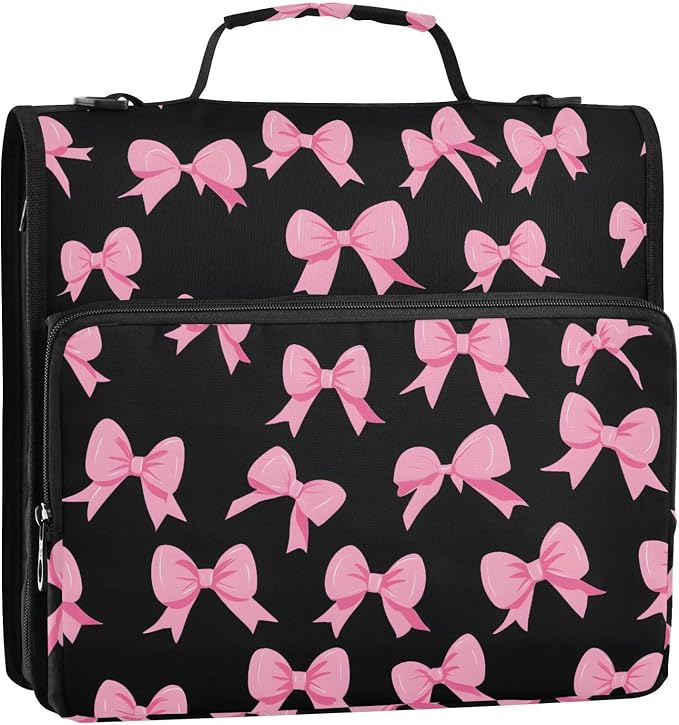 Pink Bow Black Background 3 Ring Binder Bag 1.5 inch Binder Organizer with Zipper Shoulder Strap 500 Sheet Documents Storage for School Office