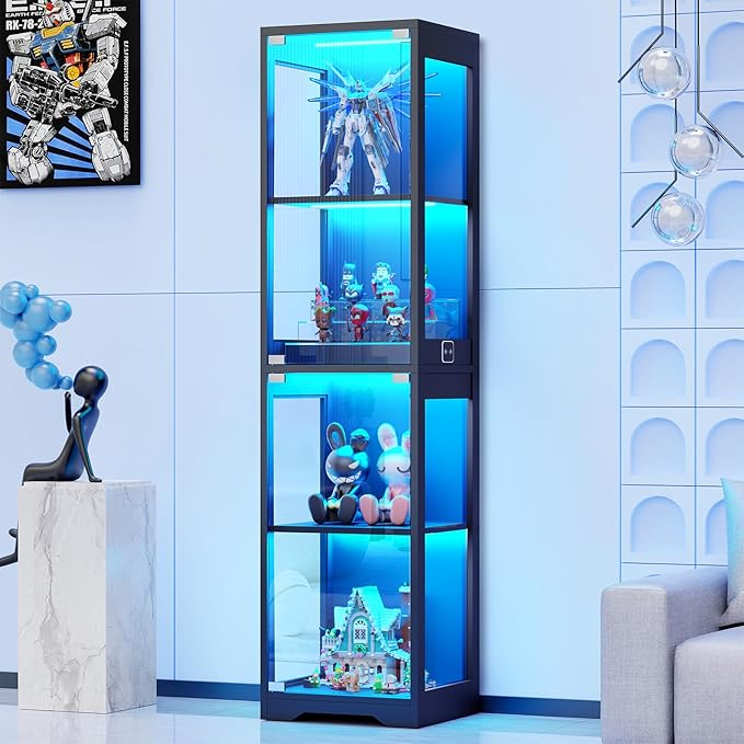 BROTTAR Glass Display Cabinet, Display Case for Collectibles, Black | 4-Tier Curio Cabinets with 3 Color Lights&Human Body Sensor, Storage Cabinet with Glass Door