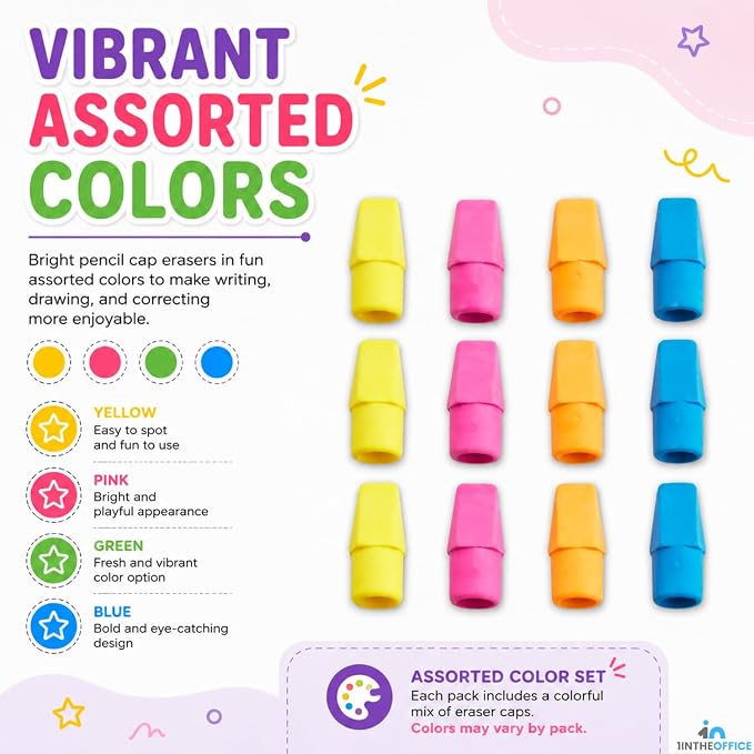 1InTheOffice Pencil Cap Erasers, Assorted Colors, Arrowhead Caps Tops Eraser, Eraser Cap for Art, School, Office Use, and Classroom Set, 12 Pack (Assorted Colors, 12 Pack)