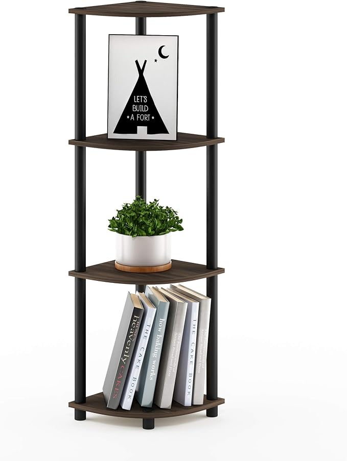 Furinno TURN-N-TUBE Corner Shelf, 4-Tier Corner Bookshelf, Display Storage Shelves with Open Shelves, for Organization and Storage, Living Room, Home Office, Garage, Columbia Walnut