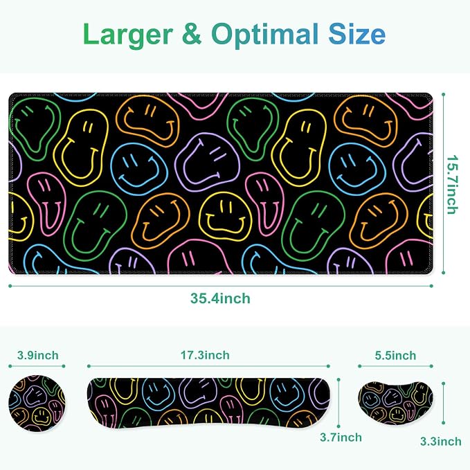 Large Gaming Mouse Pad Set, 4 in 1 Extended Keyboard Desk Mat with Wrist Rest, Computer Game Mousepad, Non-Slip Desk Pad Protector Easy Typing Pain Relief for Home Office I Black Retro Hippie