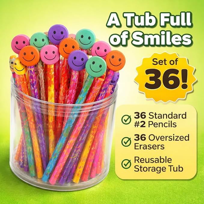 Anderson's Smiley Face Pencils and Erasers Tub, Set of 36, School Supplies, Classroom Supplies, Writing