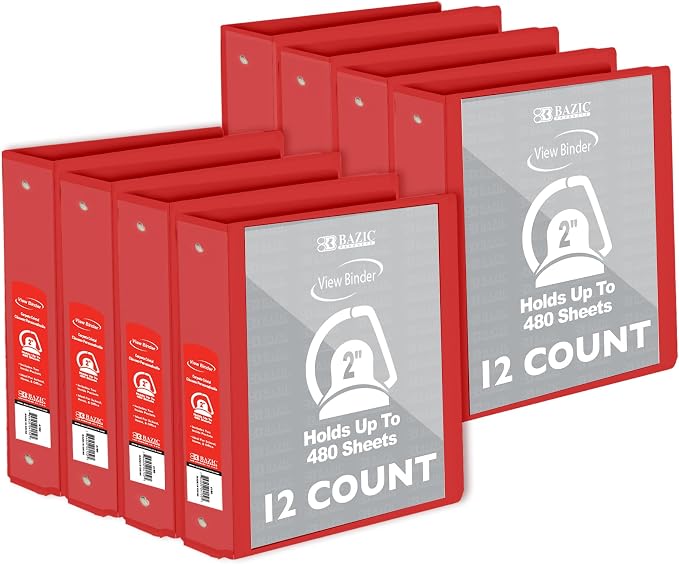 BAZIC Products 2" Red 3-Ring View Binder, Slant-D Ring, 2 Pockets, 12-Case | 2 inside pockets, 2 in Red view 3-ring binder, slant-D rings, holds up to 480 sheets, Durable poly cover