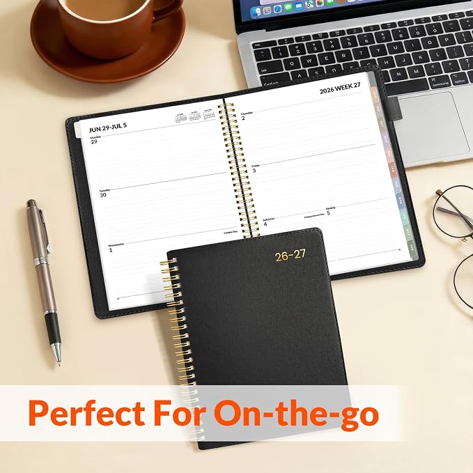 SUNEE 2026-2027 Weekly & Monthly Planner 6.4"x8.5" - 12 Month (July 2026 - June 2027), Vegan Leather Cover Planner Academic Year Calendar, Pocket, Notes, Monthly Tab, Black