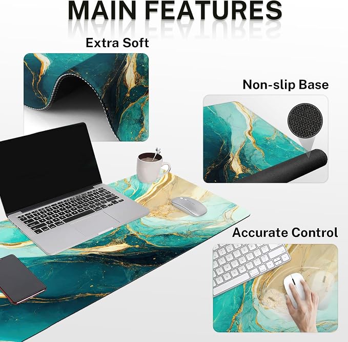 Keyboard Mouse Pad Set, 4 in 1 Desk Mat Set, Marble Green | Gold Large Mousepad+Keyboard Wrist Rest+Mouse Wrist Rest+Coaster Ergonomic Design for Home Office Computer