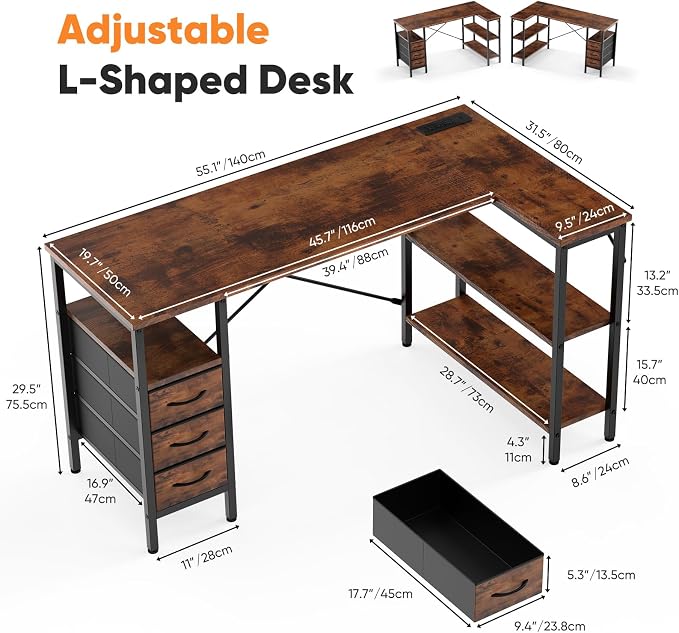 DUMOS L Shaped Desk with Drawers, Gaming Desk, 55 Inch | Power Outlet, Study Table, Adjustable Shelves, Home Office, Corner Computer Workstation, Bedroom, Rustic