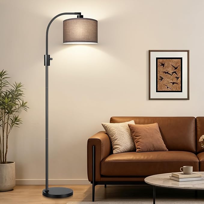 Nintiue Dimmable Black Floor Lamp, 1200 Lumens LED Edison Bulb Included, Arc Gold Floor Lamps for Living Room Modern Standing Lamp with Khaki Shade