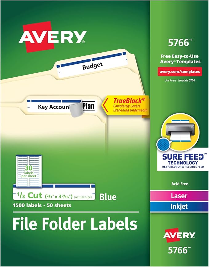 Avery® TrueBlock® File Folder Labels, 2/3" x 3-7/16", 1,500 Printable Labels, White/Blue, Permanent (5766)