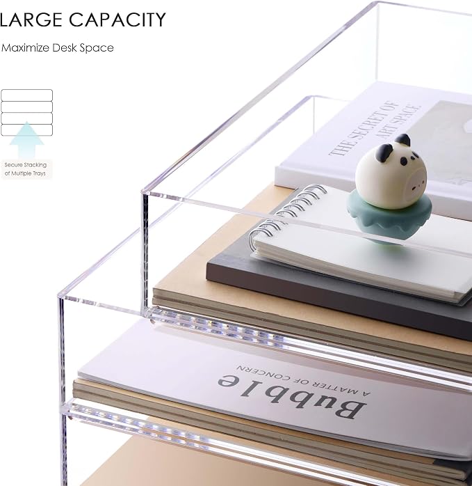 Acrylic Desk Organizer, Stackable Paper Organizer Letter Tray, 4-Tier | Clear Desk Organizers and Accessories, Office Supplies Organizer for Files, A4 Paper, Books, Mails, Office Classroom Home