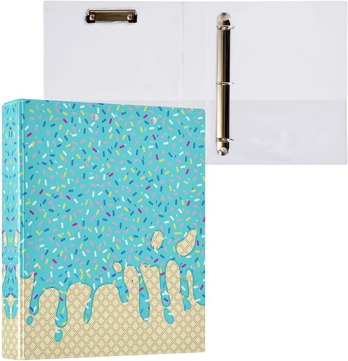 3 Ring Binder Teal Blue Ice Cream Print 1.5" Round Ring Binders View Binder with 200 Sheet for Kids School Supplies Women Men Office, 1 Pack