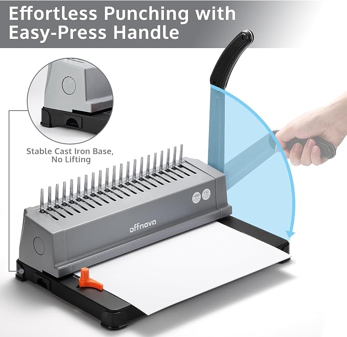 OFFNOVA Binding Machine, 21-Hole 450 Sheets Paper Comb Punch Binder Machine for Letter Size / A4 / A5 Paper, Easy to Punch Handle, Adjustable Margin, Gray