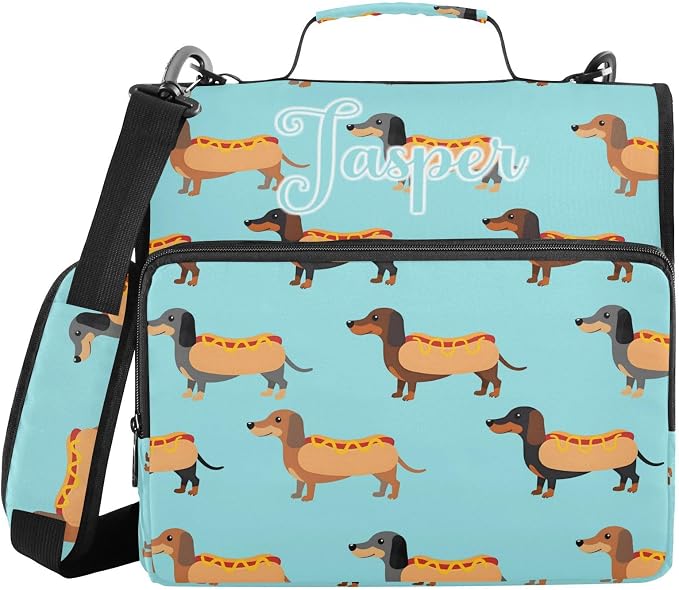 Custom Personalized Name Cute Dachshunds Hotdog Blue Zipper Binder 3 Ring