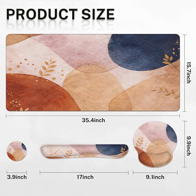 Keyboard Mouse Pad Set, 4 in 1 Desk Mat Set, Abstract Boho | Large Mousepad+Keyboard Wrist Rest+Mouse Wrist Rest+Coaster Ergonomic Design for Home Office Computer