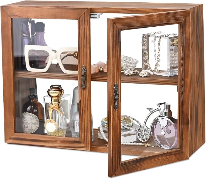 MOOCA Wood Glass Display Case with Double Doors, 2-Level Shelf, Brown | Brown wood-and-glass case with double doors and adjustable 2-level shelves displays collectibles, jewelry, or pastries.