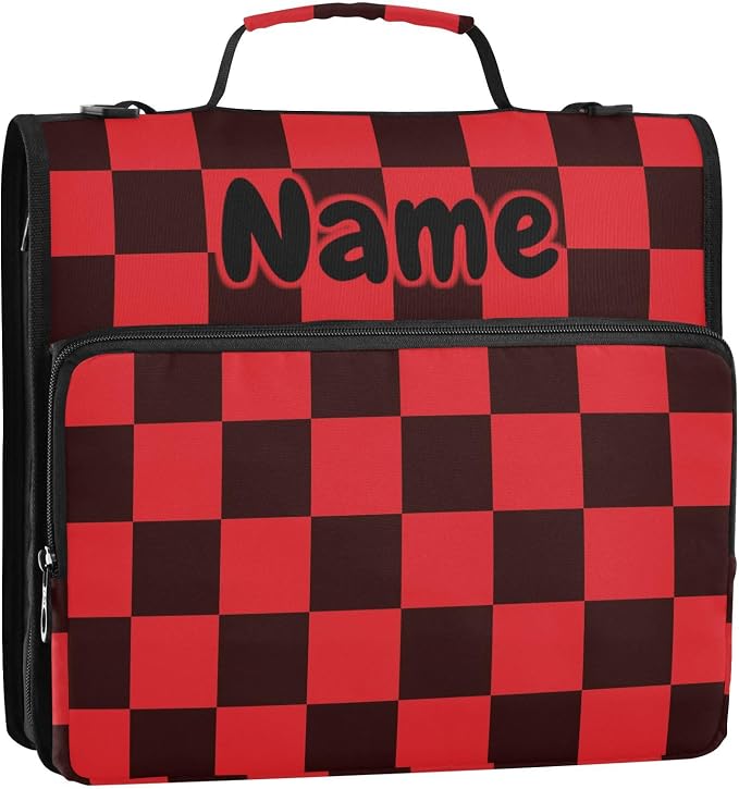 Custom Black Red Checkered Pattern 3 Ring Binder Bag 1.5 inch Personalized Name Binder Organizer 500 Sheet Documents Storage for School Office